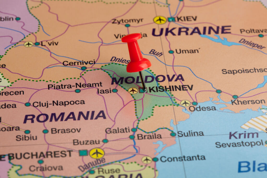 Moldova pinned on political map.