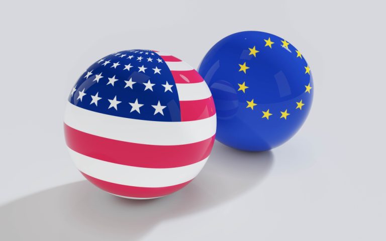 European,Union,And,Usa,Flag,On,Shiny,Billard,Balls