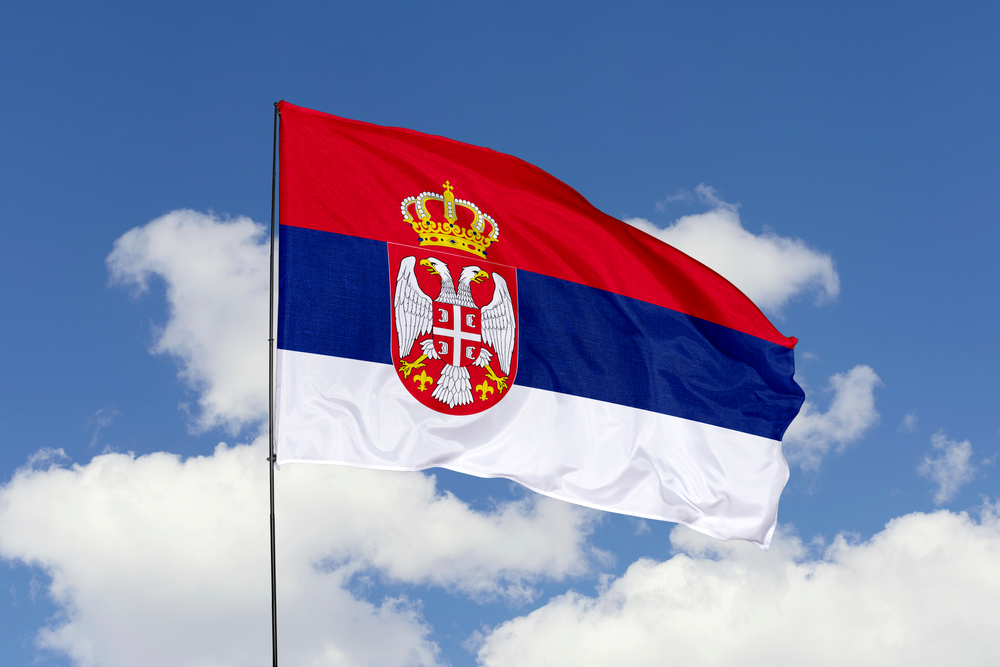 Serbia,Flag,Isolated,On,The,Blue,Sky,With,Clipping,Path.