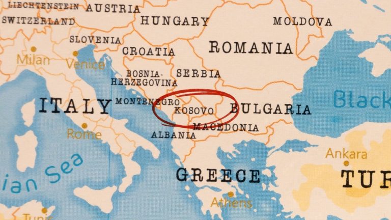 Kosovo,Marked,With,Red,Circle,On,Realistic,Map.